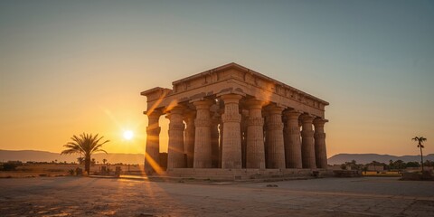 Obraz premium Ancient Egyptian temple bathed in sunset sunlight, atmospheric background for cultural heritage imagery