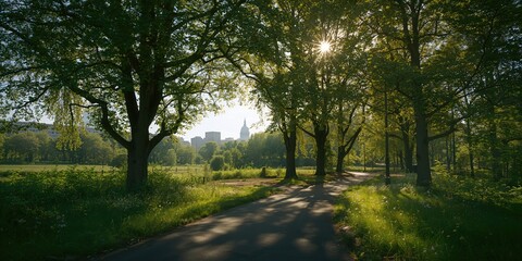 Fototapeta premium Path through a Warsaw park lined with greenery, designed for pedestrian use