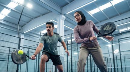 Young Saudi man and woman playing Padel in a modern indoor sports club