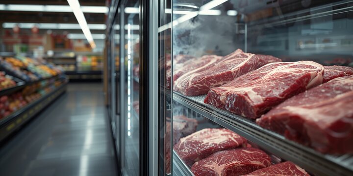 Uncooked beef cuts on retail shelves, highlighting meat freshness and handling standards