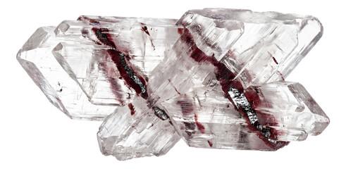 Selenite featuring hematite inclusions with clear blades and red streaks.