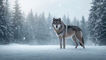 Naklejka premium Winter scene with a grey wolf moving through icy landscape, highlighting natural habitat and resilience, World Wildlife Day