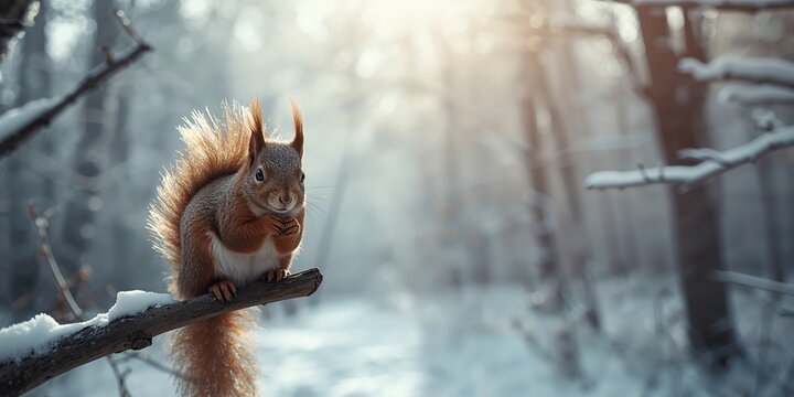 Brown squirrel sitting on a tree branch in winter, illustrating wildlife adaptation to seasonal conditions - Powered by Adobe
