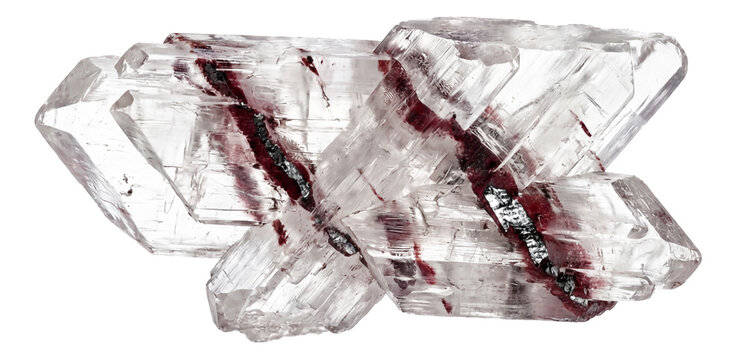 Selenite featuring hematite inclusions with clear blades and red streaks.