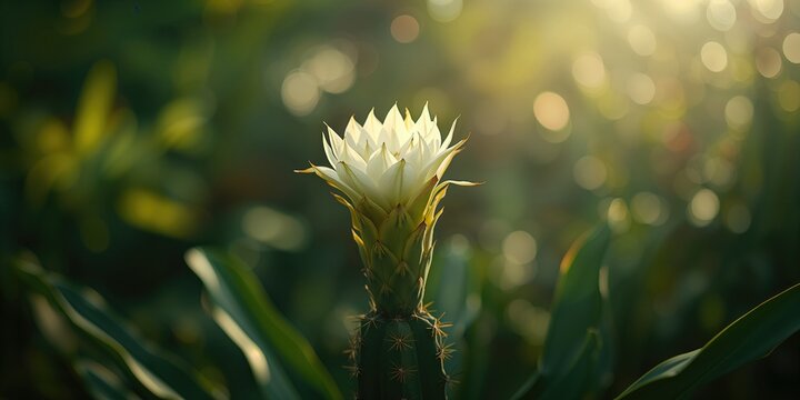 Night-blooming white flower from a triangular cactus with sparse spines, emitting a pleasant aroma, highlighting nocturnal pollination activity