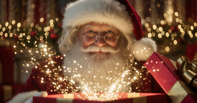 Magische Nahaufnahme des Weihnachtsmanns, der ein leuchtendes Weihnachtsgeschenk &ouml;ffnet