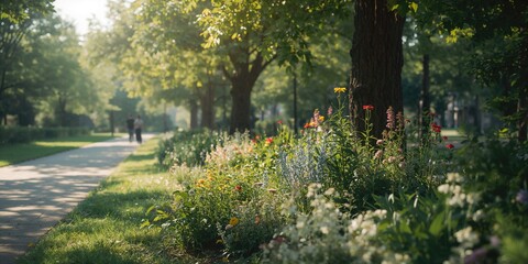 Fototapeta premium A variety of plants flourishing outdoors in sunlight, highlighting seasonal growth in parks