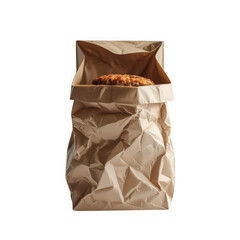 Delicious freshly baked bread partially inside a crumpled brown paper bag on transparent background
