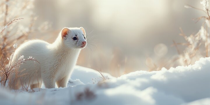 Ermine with full winter coat, highlighting adaptation to cold environments, seasonal change awareness