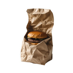 Delicious beef burger in crumpled brown paper food bag on transparent background
