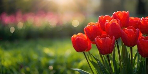 Large red tulips in full bloom on a spring garden bed, suitable as a floral background for text or design projects
