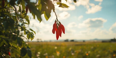 Goji berries ripening on bushes in bright sunlight, illustrating organic cultivation, World Organic Farming Day