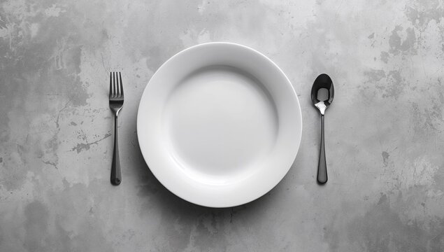 Clean ceramic dish and unused utensils placed on a gray rough surface, serving setup, background for menu mockup
