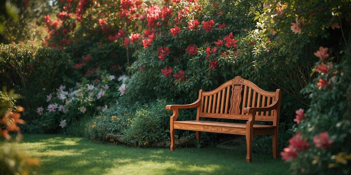 Rhododendron garden featuring a wooden bench, designed for leisure amid spring blooms