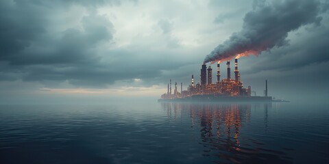 Fototapeta premium Industrial oil refinery with chimneys releasing smoke over water, highlighting environmental concerns, World Environment Day