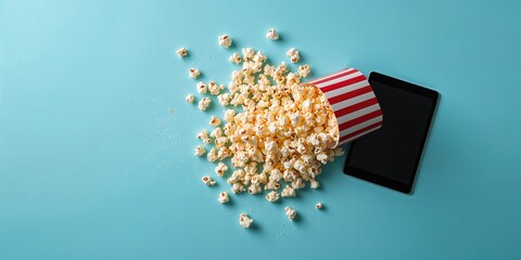 A box of popcorn toppled onto a blue background alongside a digital tablet, suitable for editorial header backgrounds, World Popcorn Day