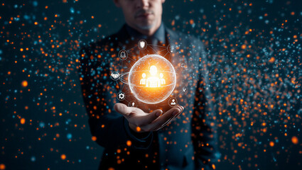 Businessman holding digital human resources diagram in hand