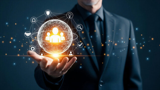 Businessman holding glowing orb with people and network icons - Powered by Adobe