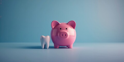 Pink piggy bank and tooth model against a blue background, illustrating financial planning for dental care expenses, World Oral Health Day