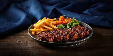 Cooked steaks with boiled French fries and vegetable salad arranged on dark blue fabric, highlighting balanced meal presentation
