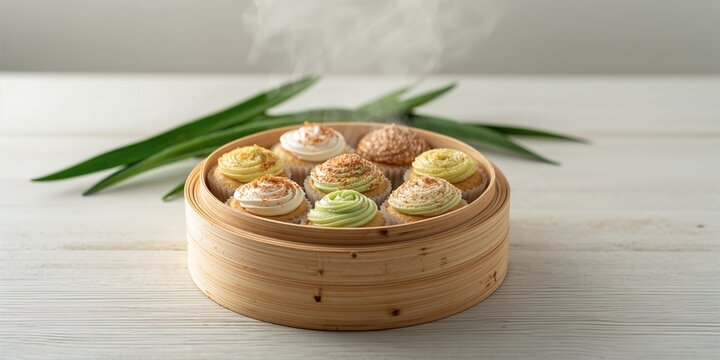 Steamed cupcake in a bamboo steamer, traditional snack preparation