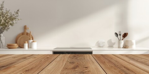 Empty wooden kitchen table space on a fitted worktop, suitable for layout planning