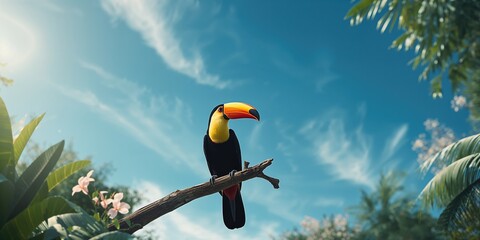 Obraz premium Side view of a Toco toucan on a tree limb with a blue sky backdrop, highlighting wildlife preservation