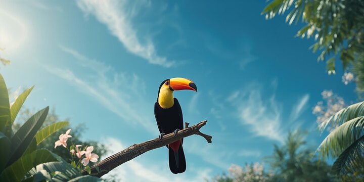 Side view of a Toco toucan on a tree limb with a blue sky backdrop, highlighting wildlife preservation