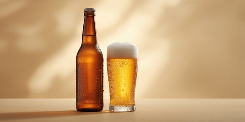 Glass and brown bottle of beer on a background, product display for marketing or branding