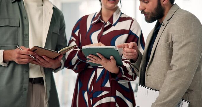 Hands, team or meeting with tablet in office for editorial guidance, story ideas or article planning. Editor, people and discussion with tech at media agency for blog advice, news revision and update