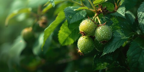 Green gooseberries on the plant, illustrating fruit development in natural setting