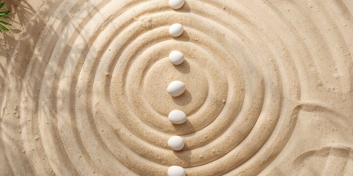 Sand and white stone elements arranged in a Zen garden pattern serving as a tranquil spa backdrop for wellness and spirituality, Earth Day