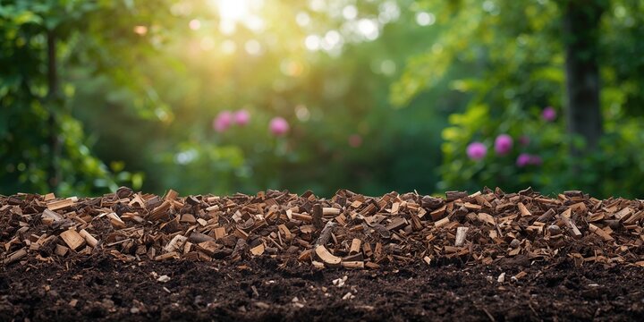 Wood chips spread on soil in a garden setting, natural mulch for sustainable agriculture
