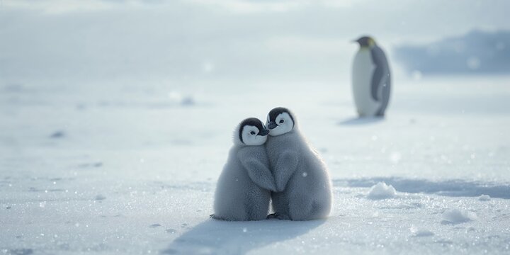 Emperor penguin chicks on ice, natural environment for conservation awareness - Powered by Adobe