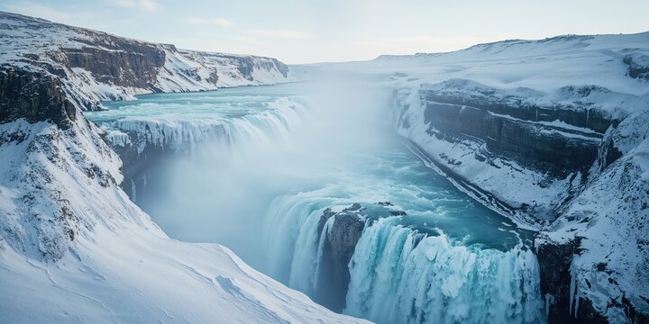 Impressive waterfall scene at Gullfoss during winter with snow and flowing water, suitable as a nature background