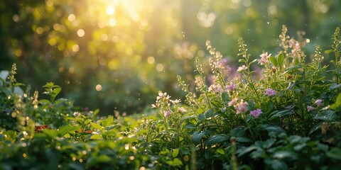 Obraz premium Morning sunlight highlights textured natural greenery, creating a warm background for layout or design purposes