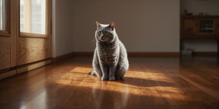 Gray cat seated on hardwood surface, focusing on pet relaxation, no special observance - Powered by Adobe