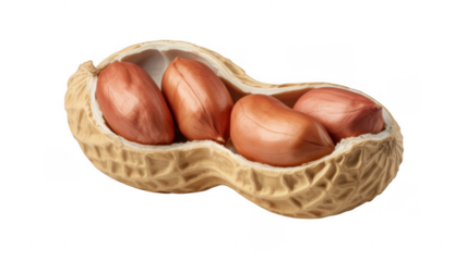 Open peanut shell with four peanuts inside food snack isolated on a transparent background