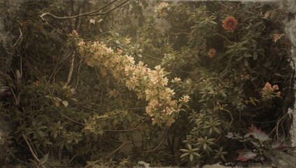 Sepia-toned vintage garden wallpaper with dense thickets, designed for layout backgrounds