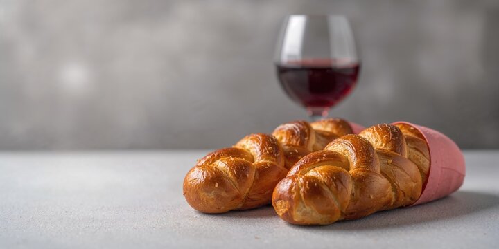Homemade Challah bread with pink cover and a glass of wine in background, emphasizing artisanal baking for food presentation
