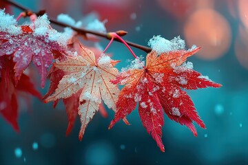 Close-up of red maple leaves covered in snow with a softly blurred background