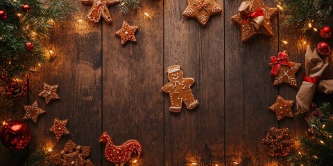 Christmas baking scene with gingerbread rooster and star cookies on vibrant background, holiday cooking with decorative lights, Christmas celebration