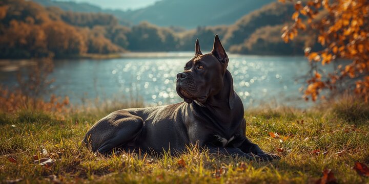 Italian Cane-Corso dog lying on grass, showcasing strong physique and attentive posture, sunlight exposure, for breed conservation