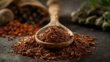 Herbal medicine preparation with myrrh incense on a wooden spoon in a kitchen environment, emphasizing traditional remedies
