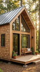 Cozy Wooden Cabin Surrounded by Tall Trees in Nature Setting