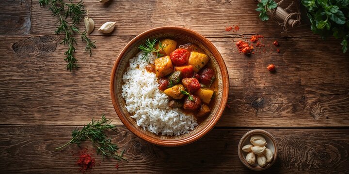 Vegetarian letscho served with rice, showcasing braised tomatoes and peppers as a wholesome meal