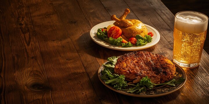 Cooked steak and roasted chicken served with salad and beer, meal preparation