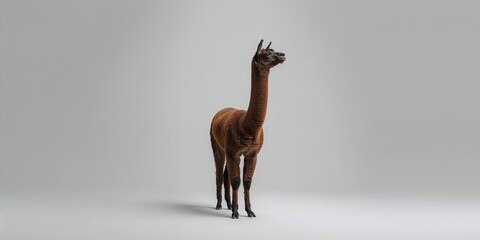 Fototapeta premium A standing brown llama looking up against a neutral background, highlighting animal behavior and awareness