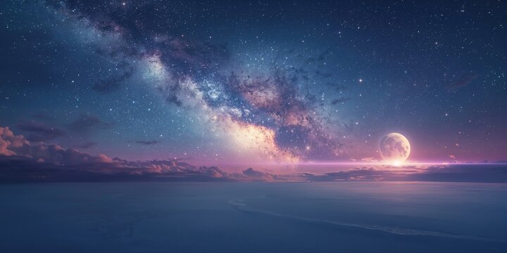 Moon on star fall blue lilac starry sky sunset star fall cloudy dramatic flares universe, cosmic scenery for celestial navigation