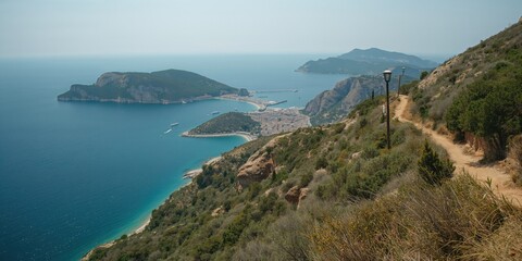 Fototapeta premium Natural coastal landscape of Turkey by Gorecek Island with rugged terrain and blue waters, highlighting erosion concerns